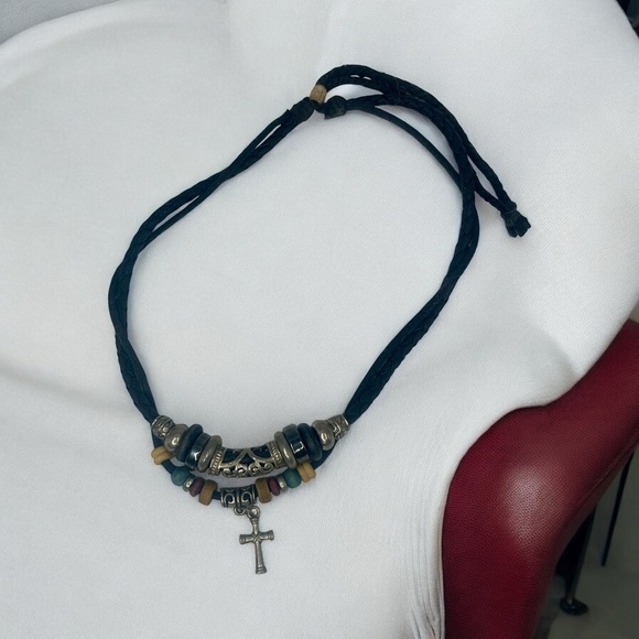 Handmade Boho Ethnic Cross Necklace – Woven Black Rope Pendant with Stones - Picture 1 of 4